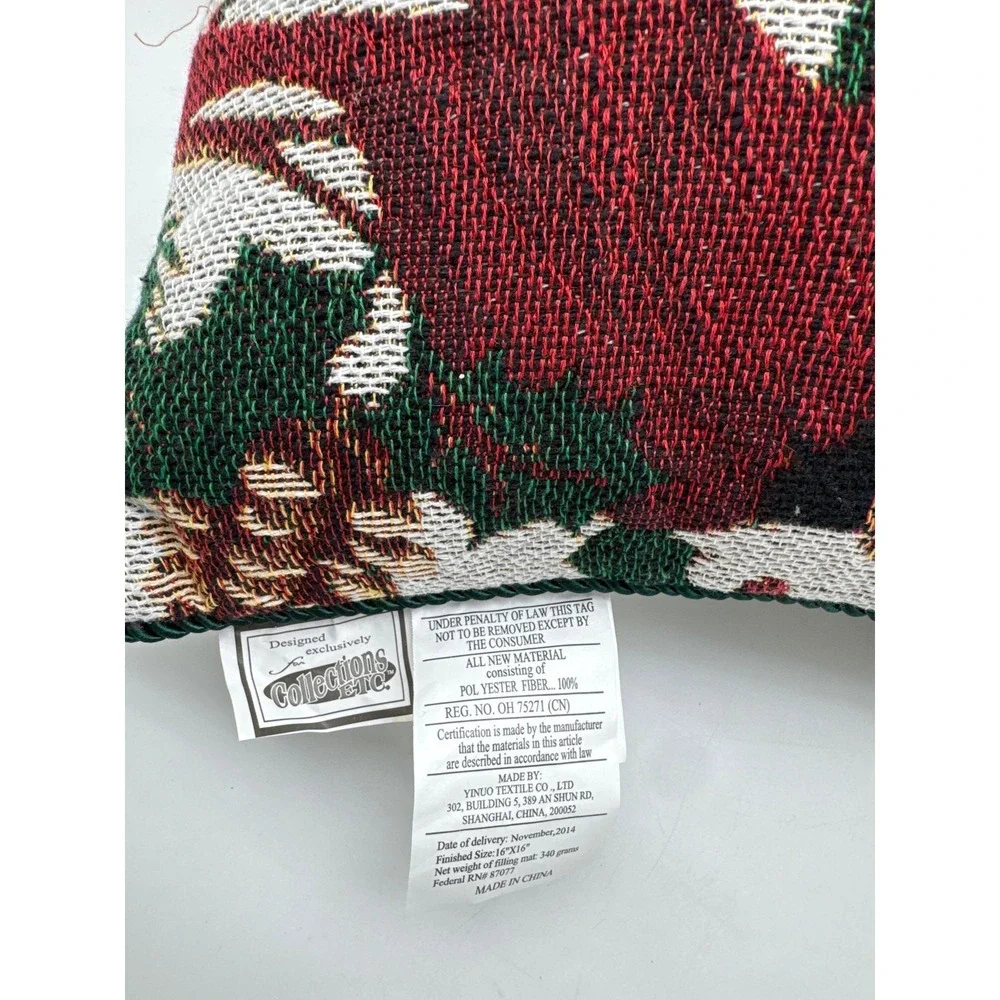 Vintage Cardinal Bird Holly Pine Cones 14X14‎ Tapestry Pillow